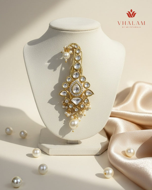 Teardrop Kundan Turban Brooch with Pearl Hangings