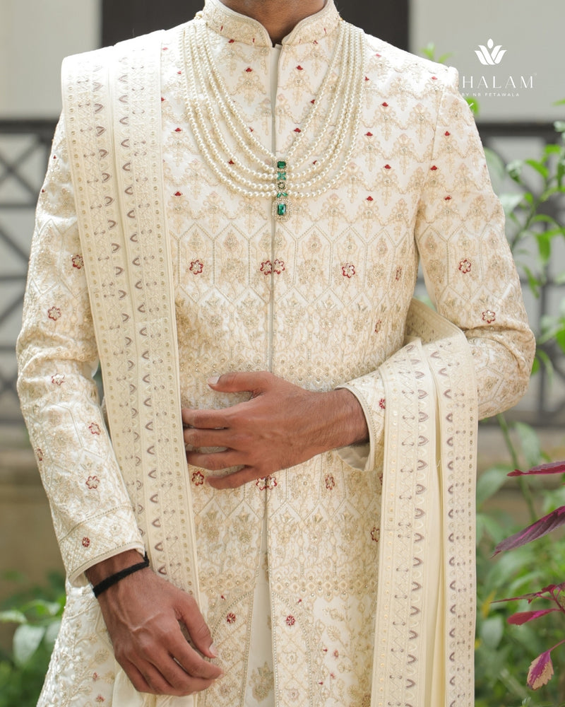 Ivory Embroidered Groom Dupatta with Subtle Thread Work