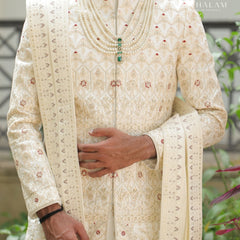 Ivory Embroidered Groom Dupatta with Subtle Thread Work