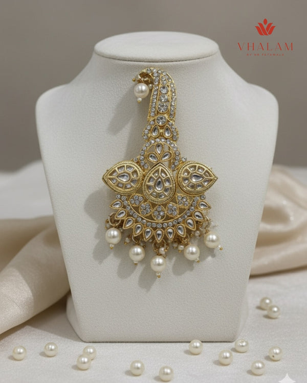 Royal Gold and White Kundan Pearl Turban Brooch