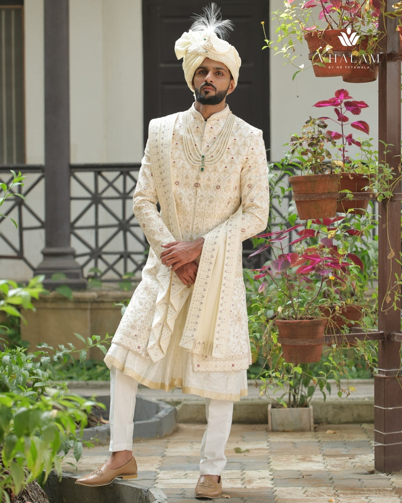 Ivory Embroidered Groom Dupatta with Subtle Thread Work