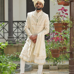 Ivory Embroidered Groom Dupatta with Subtle Thread Work