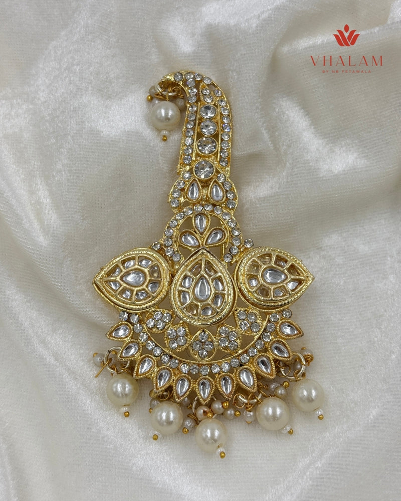 Royal Gold and White Kundan Pearl Turban Brooch