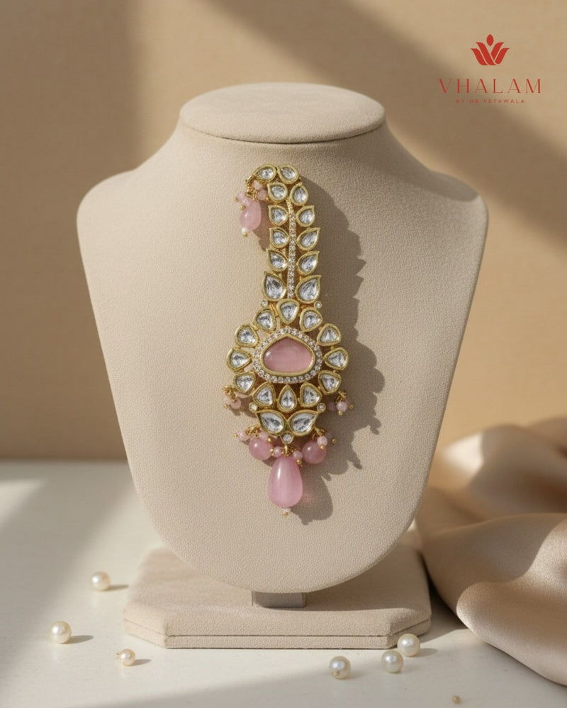 Royal Blush Pink Polki Brooch with Pearl Accents