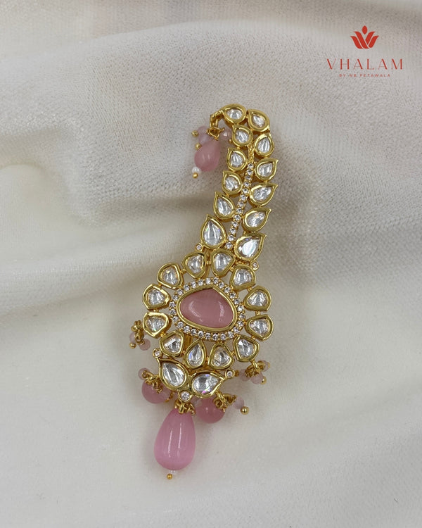 Royal Blush Pink Polki Brooch with Pearl Accents