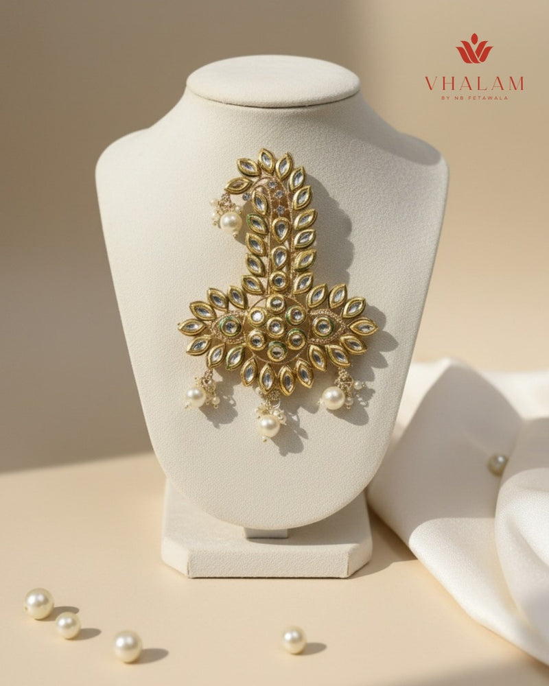 Royal Floral Kundan Turban Brooch with Pearl Drops