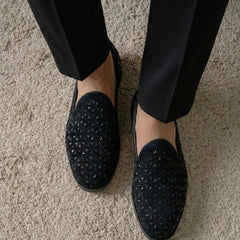 Starling Midnight Black Suede Hand-Beaded Triangular Motif Loafers