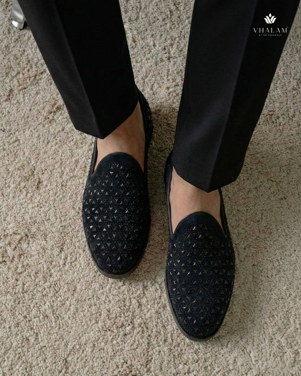 Starling Midnight Black Suede Hand-Beaded Triangular Motif Loafers