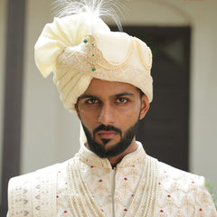 Ivory Embroidered Groom Turban with Pearl Chains