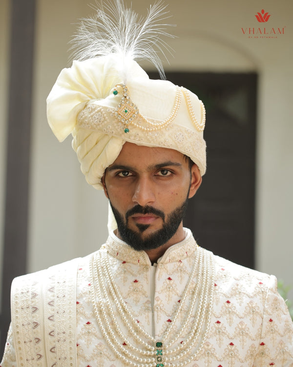 Ivory Embroidered Groom Turban with Pearl Chains