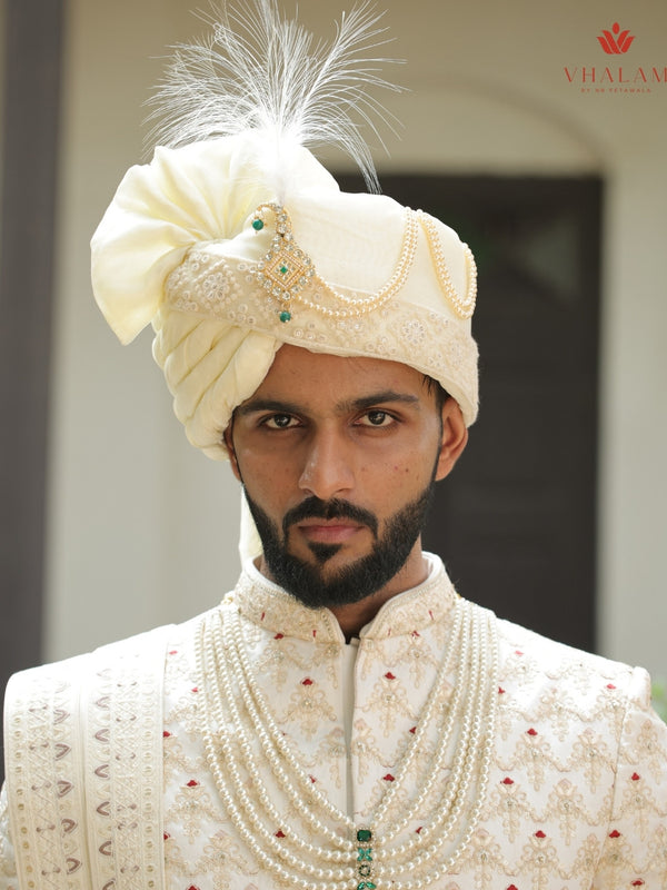 Ivory Embroidered Groom Turban with Pearl Chains