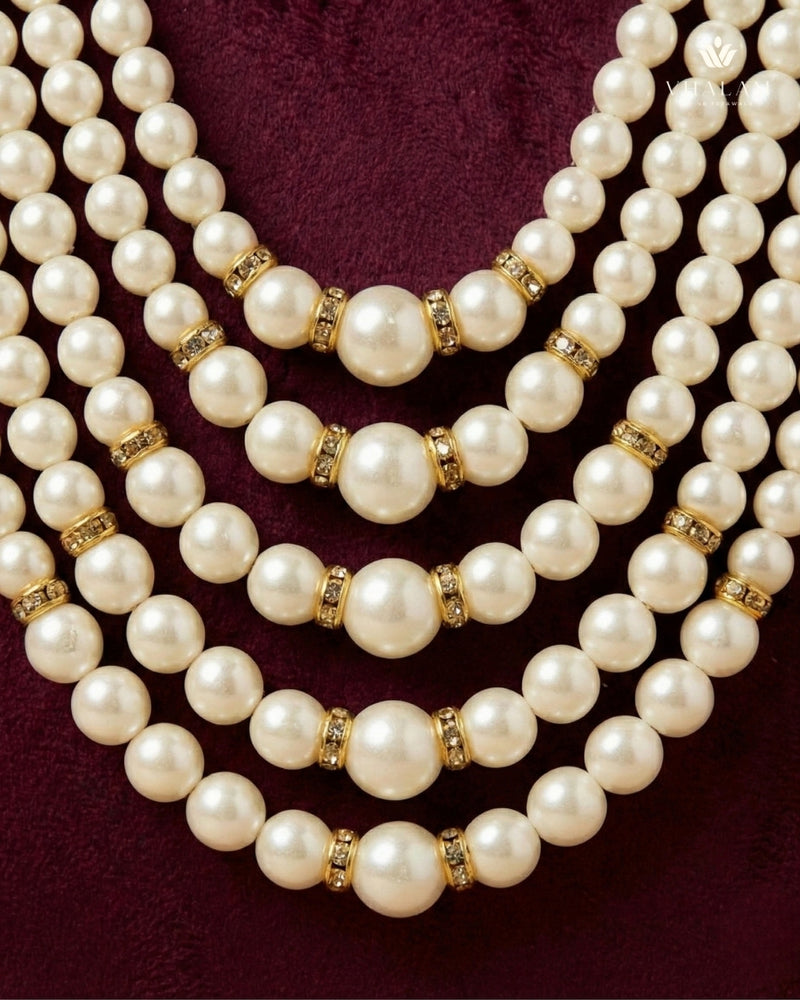 Dulha Cream Five-Layer Pearl & Stone Mala
