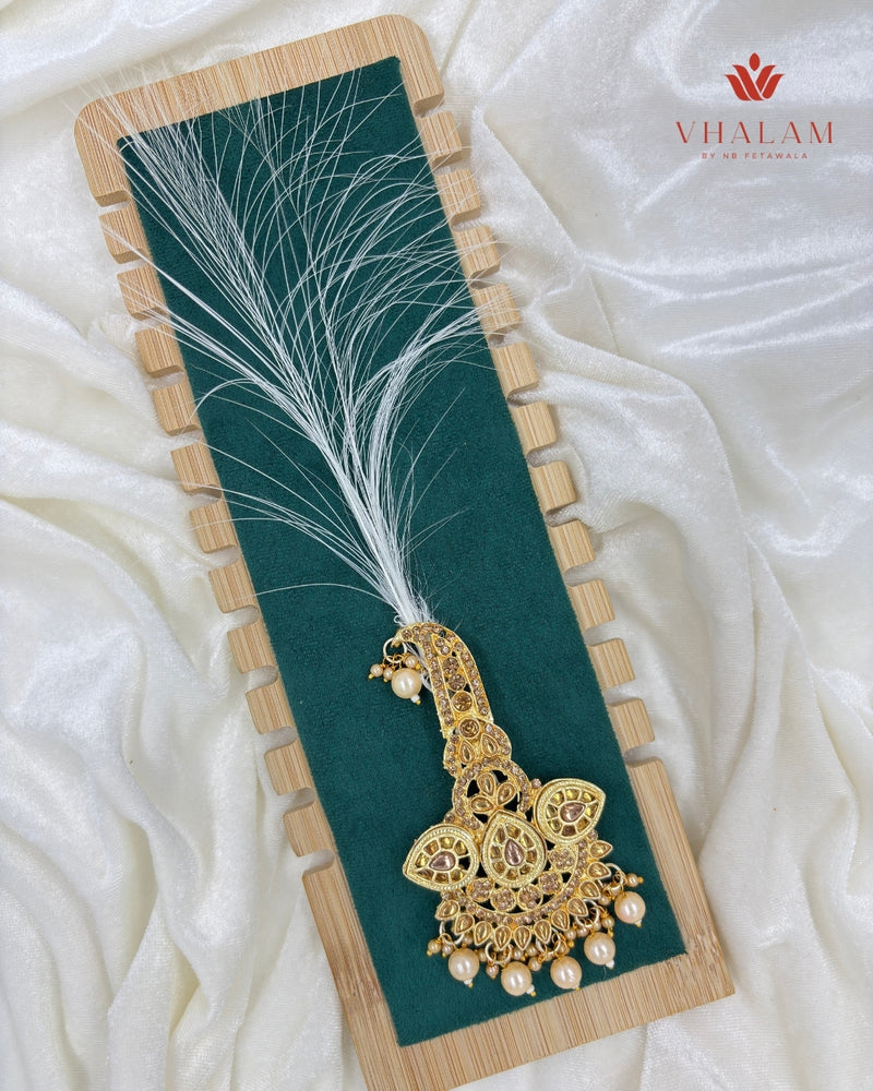 Royal Gold and White Kundan Pearl Turban Brooch