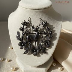 Antique Deer Emblem Suit Brooch in Floral Frame