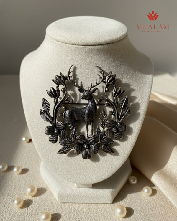 Antique Deer Emblem Suit Brooch in Floral Frame