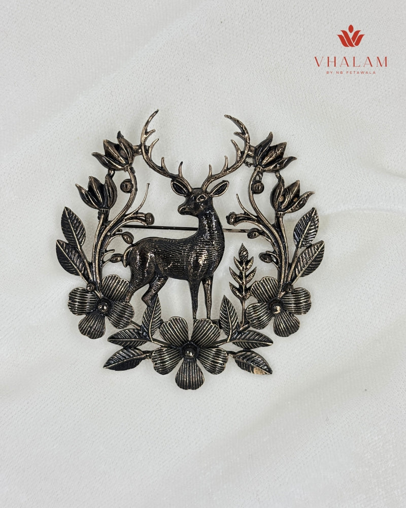 Antique Deer Emblem Suit Brooch in Floral Frame