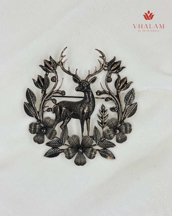 Antique Deer Emblem Suit Brooch in Floral Frame
