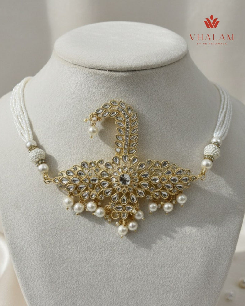 Royal White Polki Work Turban Brooch with Pearl Strings