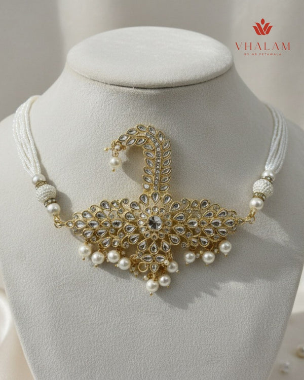 Royal White Polki Work Turban Brooch with Pearl Strings