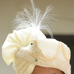 Ivory Embroidered Groom Turban with Pearl Chains