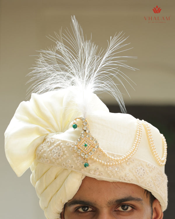 Ivory Embroidered Groom Turban with Pearl Chains