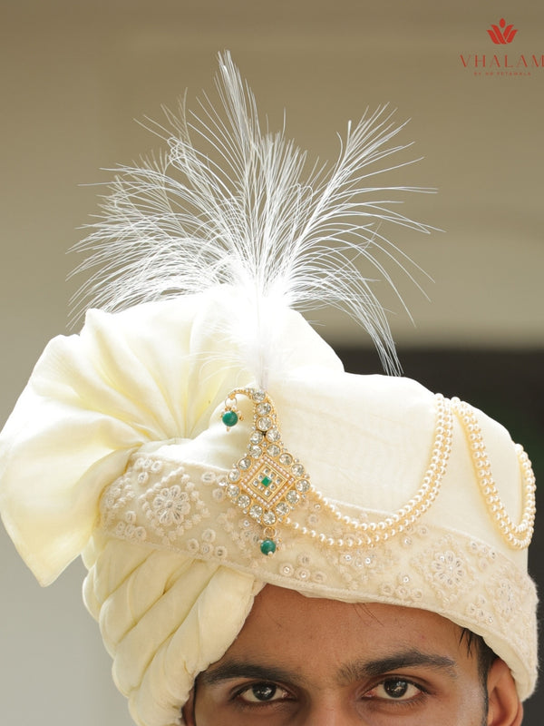 Ivory Embroidered Groom Turban with Pearl Chains