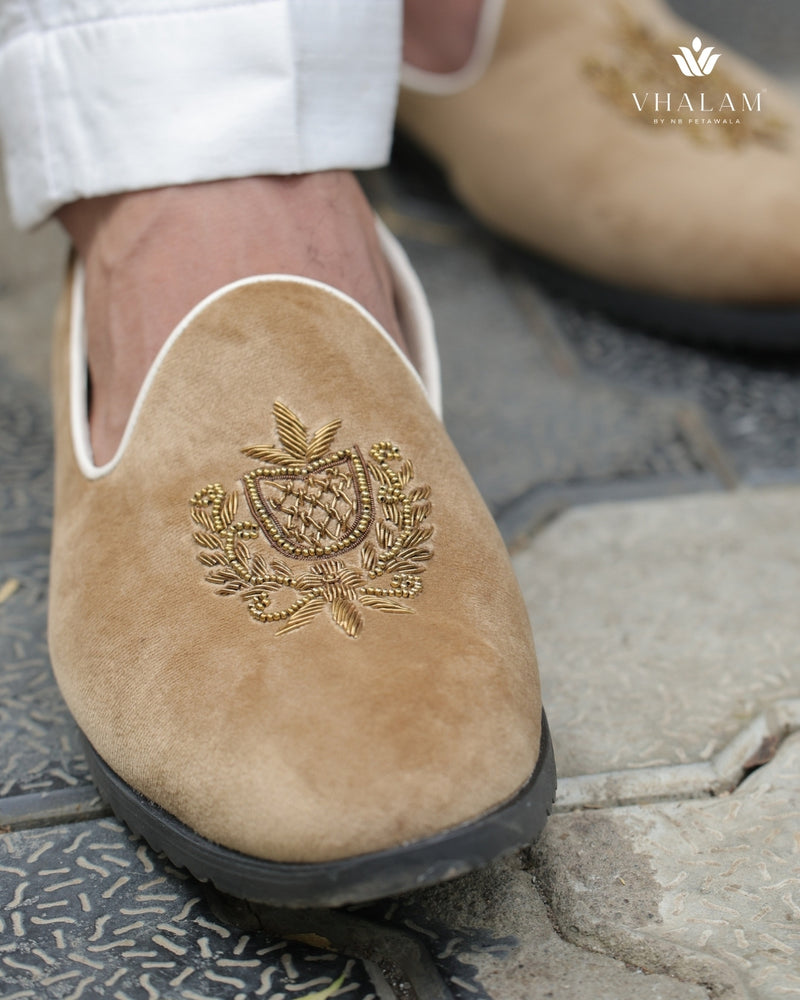 Camel Velvet Loafer with Exquisite Hand Embroidery