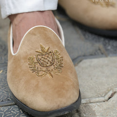 Camel Velvet Loafer with Exquisite Hand Embroidery