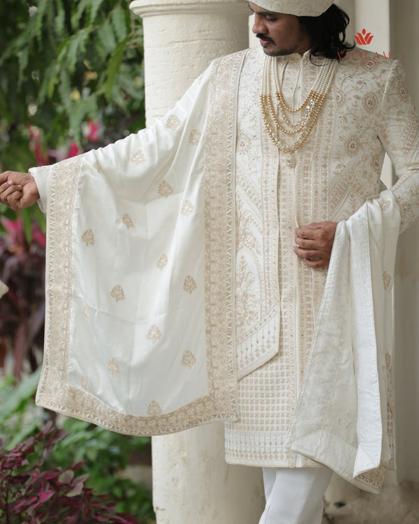 Royal Off-White Groom Shawl with Sequin and Thread Detailing