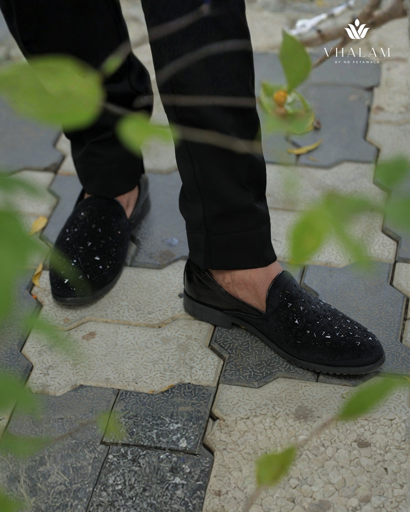 Black Velvet and Patent Raxine Groom Lofer with Geometric Stone Detailing