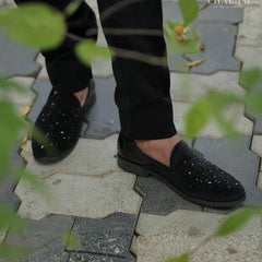 Black Velvet and Patent Raxine Groom Lofer with Geometric Stone Detailing