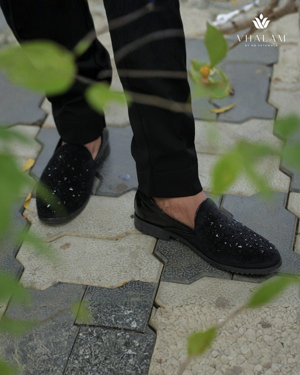 Black Velvet and Patent Raxine Groom Lofer with Geometric Stone Detailing