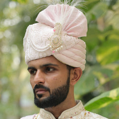 Elegant Light Pink Groom Pagdi with Pearls & Embroidery
