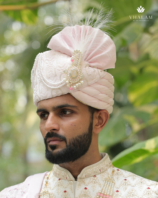Elegant Light Pink Groom Pagdi with Pearls & Embroidery
