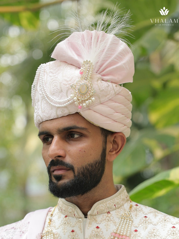 Elegant Light Pink Groom Pagdi with Pearls & Embroidery