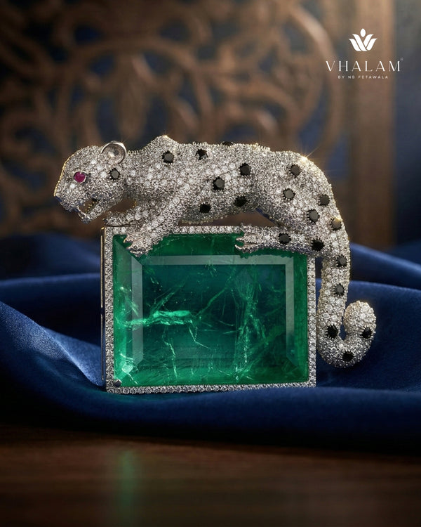 Royal Panther Pastel Green Stone Ceremonial Silver Brooch