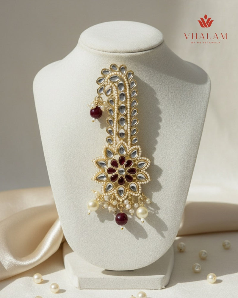 Maroon Floral Kundan Wedding Turban Brooch