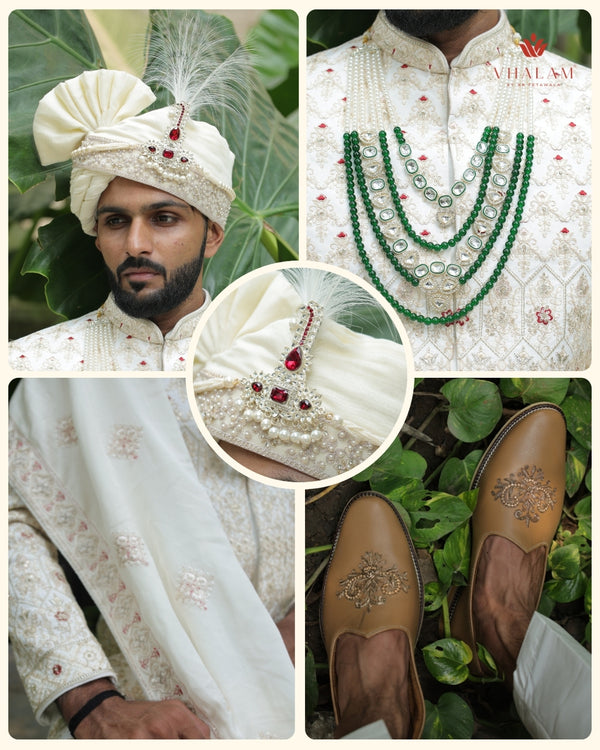 5-Piece Groom's Set for Ivory/Off-White Sherwani