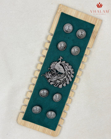 Imperial Peacock Silver Button & Brooch Set