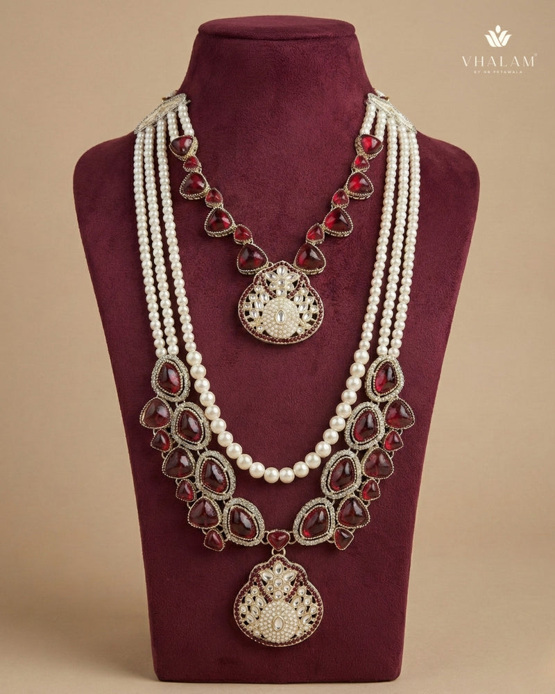 Dulha Pearl & Ruby Stone Double-Layer Mala
