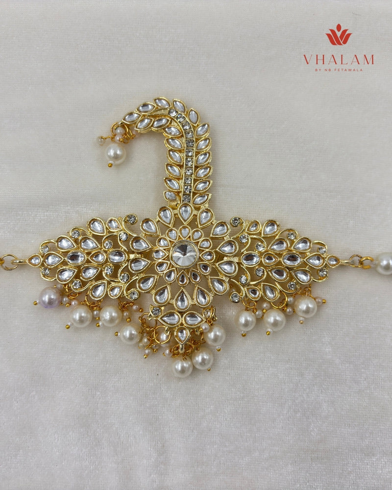 Royal White Polki Work Turban Brooch with Pearl Strings