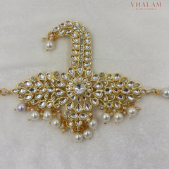Royal White Polki Work Turban Brooch with Pearl Strings