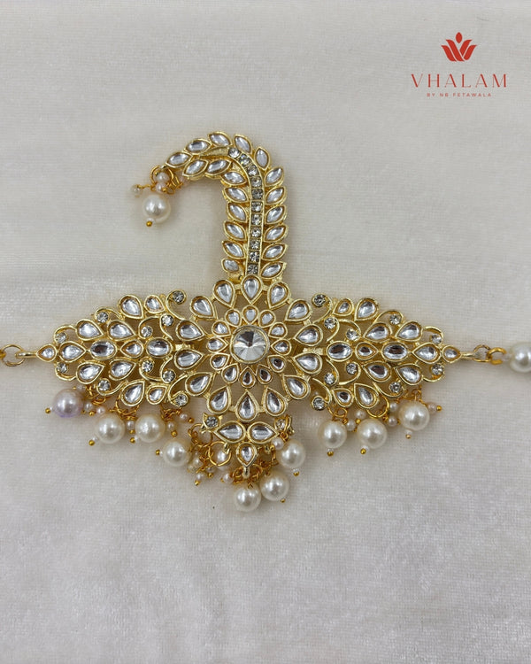 Royal White Polki Work Turban Brooch with Pearl Strings