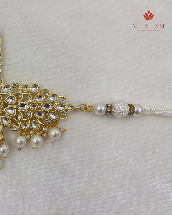 Royal White Polki Work Turban Brooch with Pearl Strings