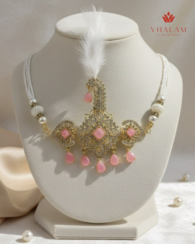 Royal Pink Stone Safa Brooch with Pearl Strings