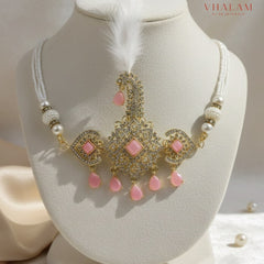 Royal Pink Stone Safa Brooch with Pearl Strings