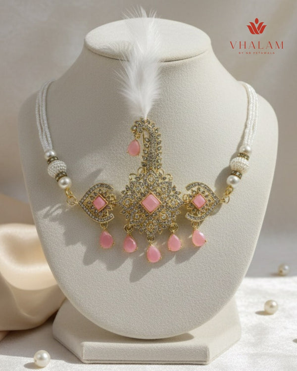 Royal Pink Stone Safa Brooch with Pearl Strings
