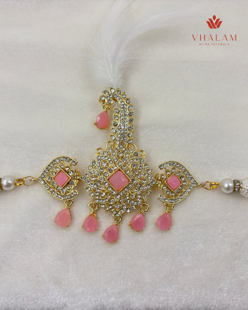 Royal Pink Stone Safa Brooch with Pearl Strings