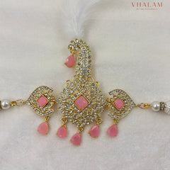 Royal Pink Stone Safa Brooch with Pearl Strings