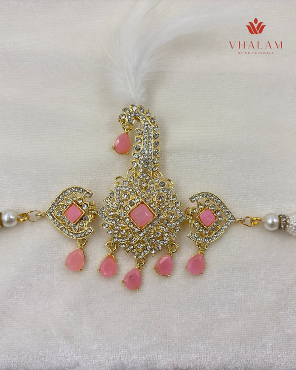 Royal Pink Stone Safa Brooch with Pearl Strings